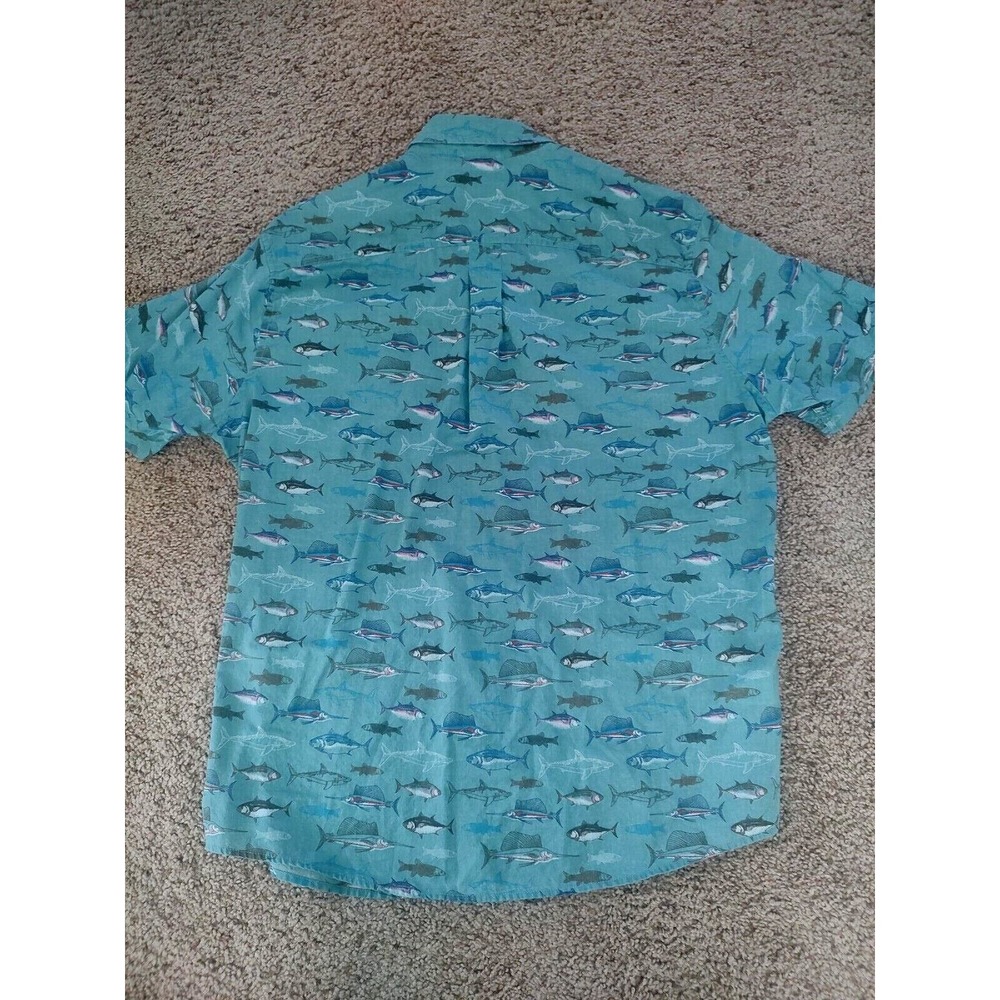 Eddie‎ Bauer Shirt Men's Large Teal Allover Fish Print Cotton Short Sleeve - Picture 6 of 6
